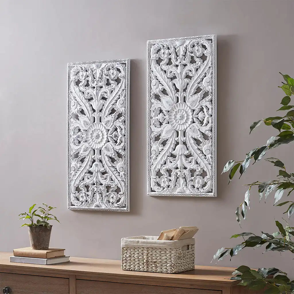 Botanical Panel Distressed Carved Wood 2-Piece Wall Decor Set