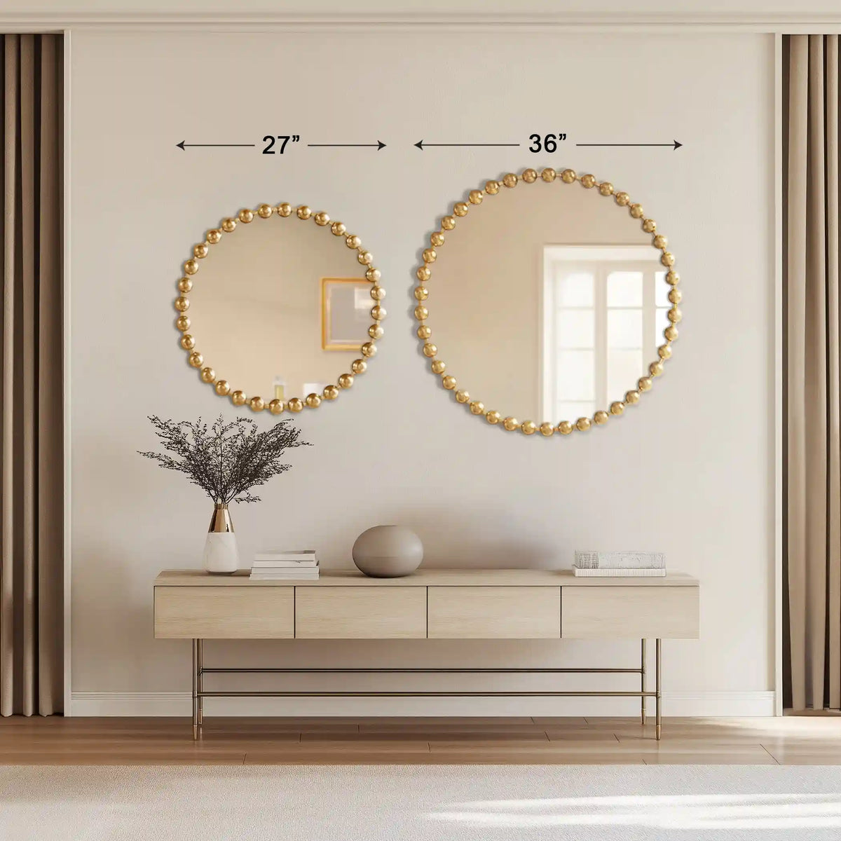 Marlowe 27" / 36" Medium Decorative Round Wall Mirror with Beaded Metal Frame