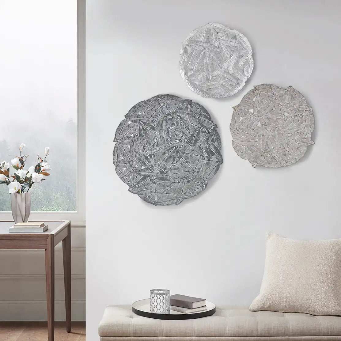 Rossi Textured Feather 3-Piece Metal Disc Wall Decor Set
