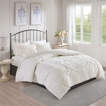 Viola 3-Piece Tufted Cotton Chenille Damask Duvet Cover Set