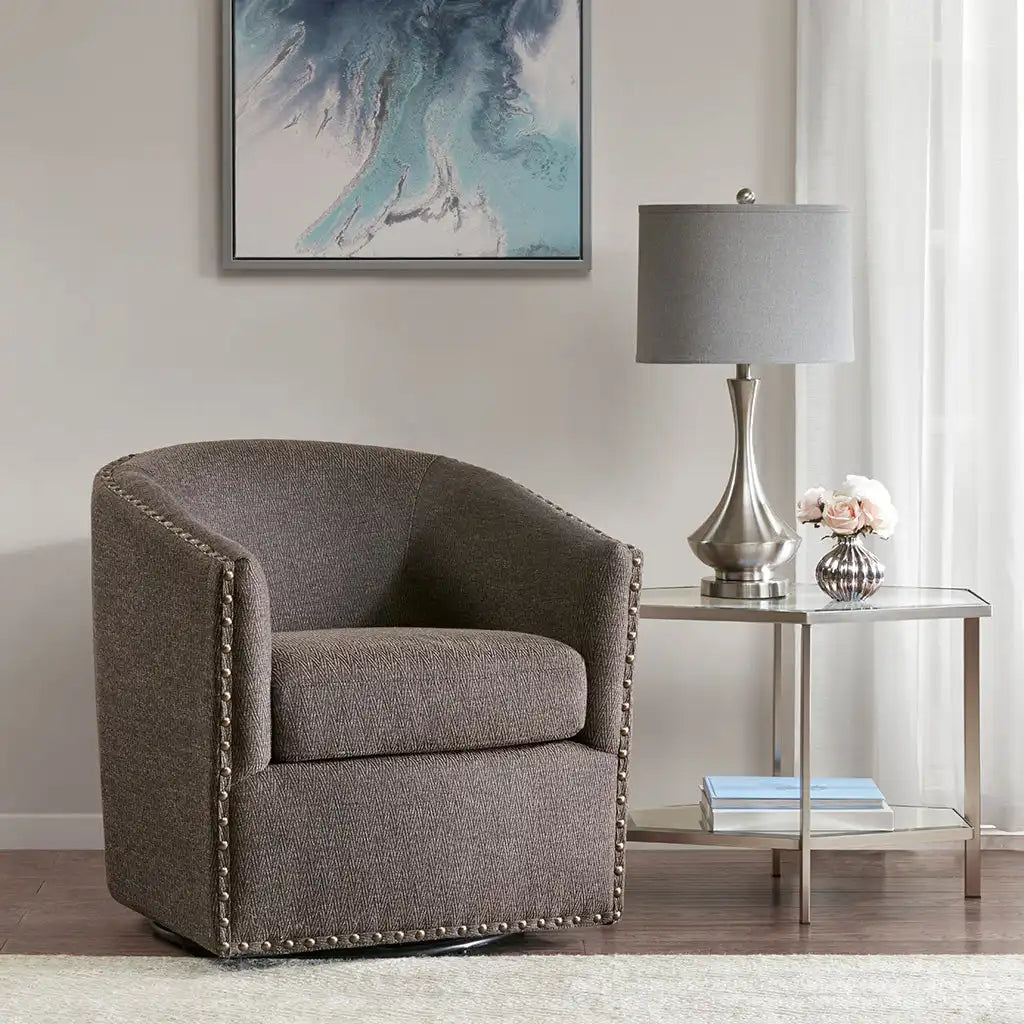 Tyler Upholstered Swivel Barrel Chair with Nailheads