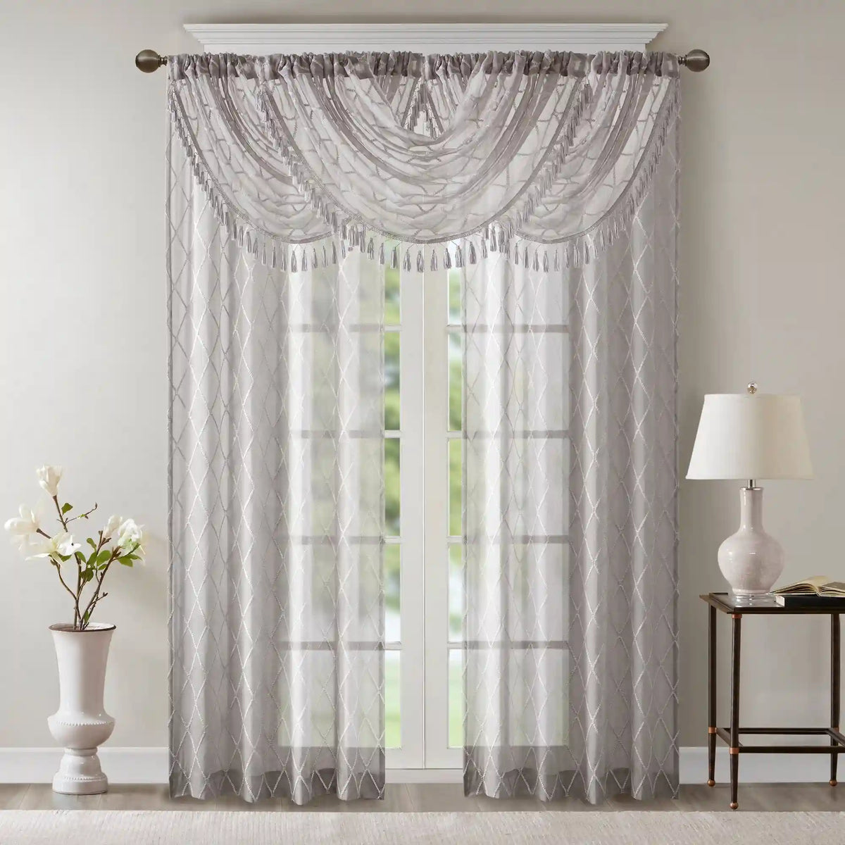 Irina Diamond Sheer Embroidered Waterfall Valance