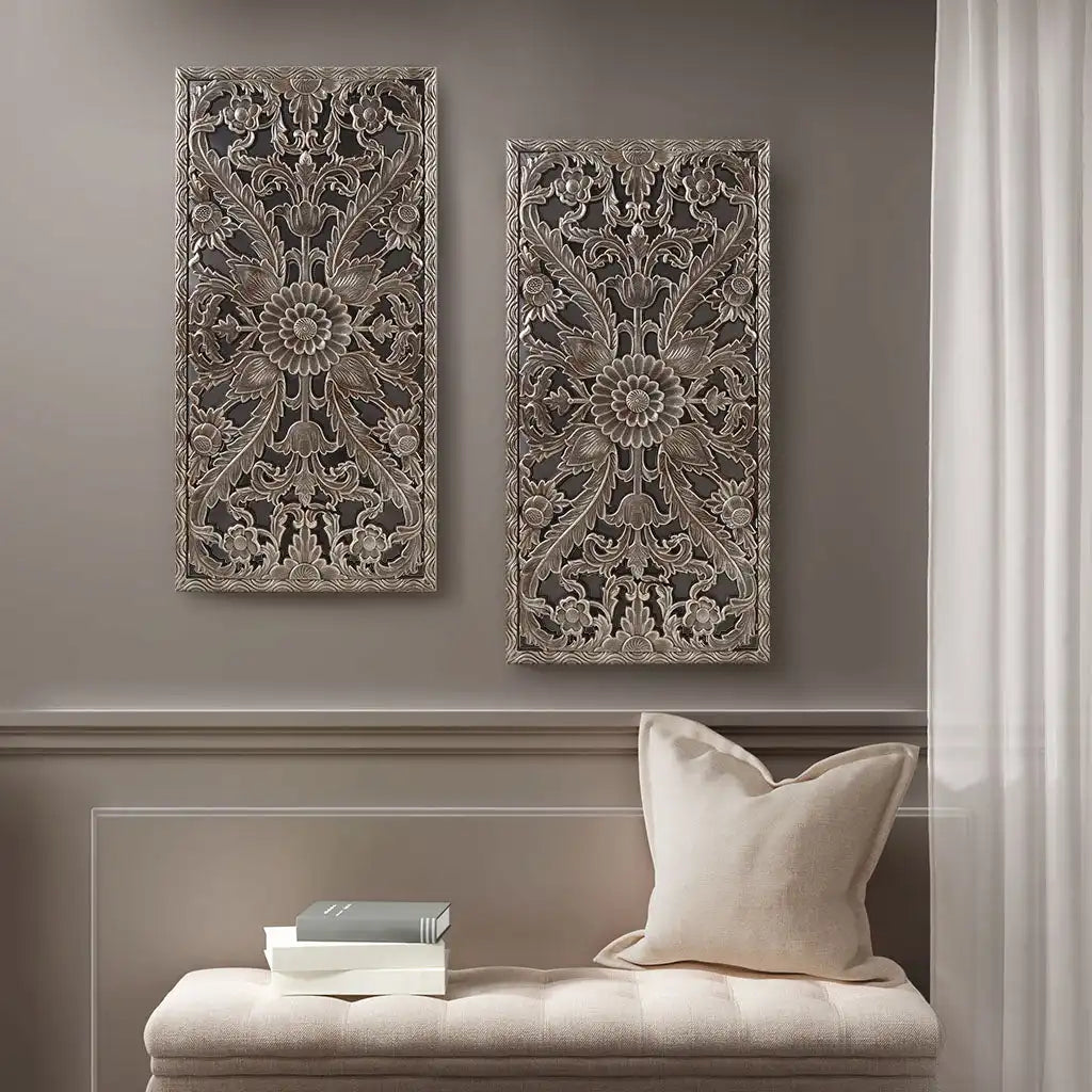 Botanical Panel Distressed Carved Wood 2-Piece Wall Decor Set