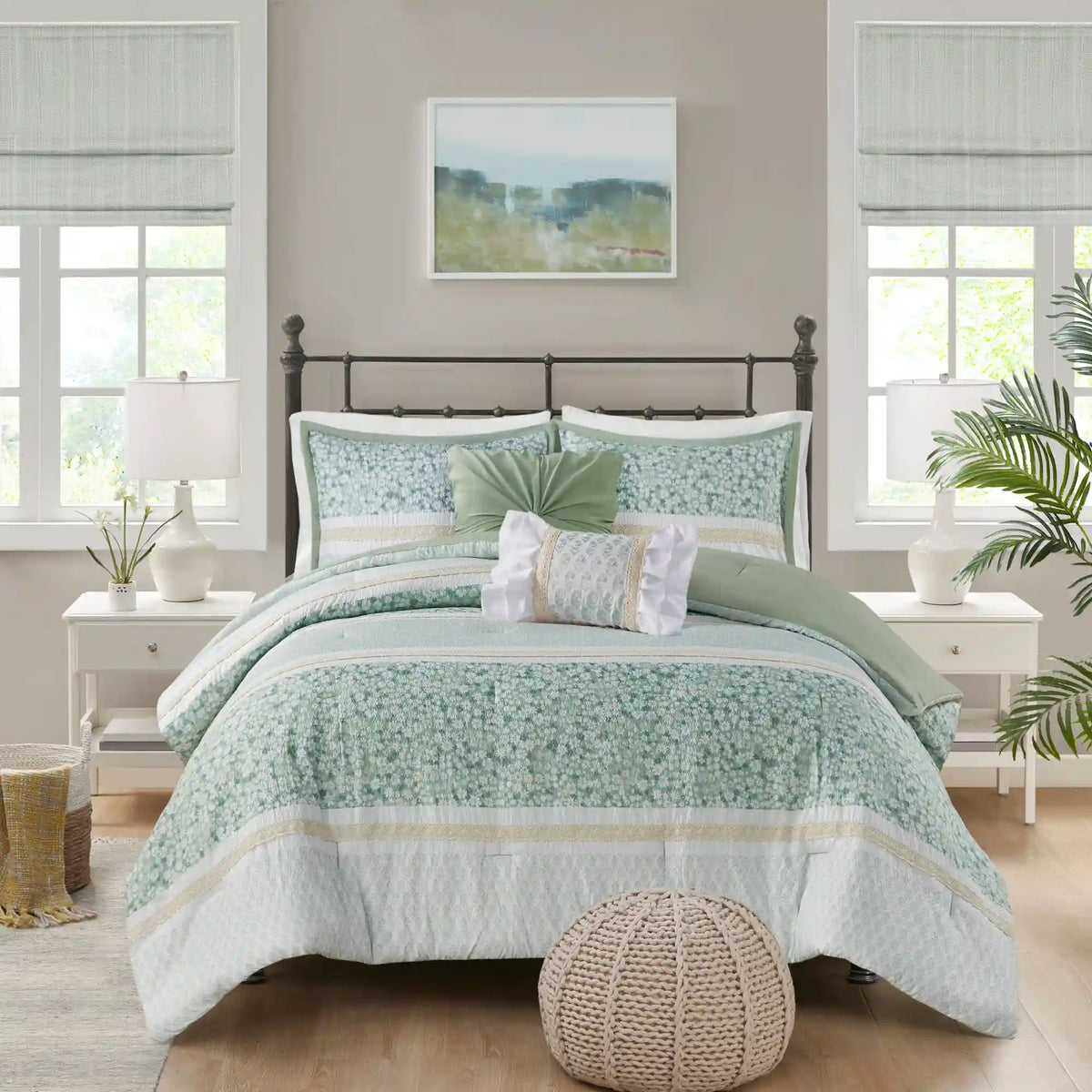 Caralie 5-Piece Seersucker Antimicrobial Comforter Set with Throw Pillows