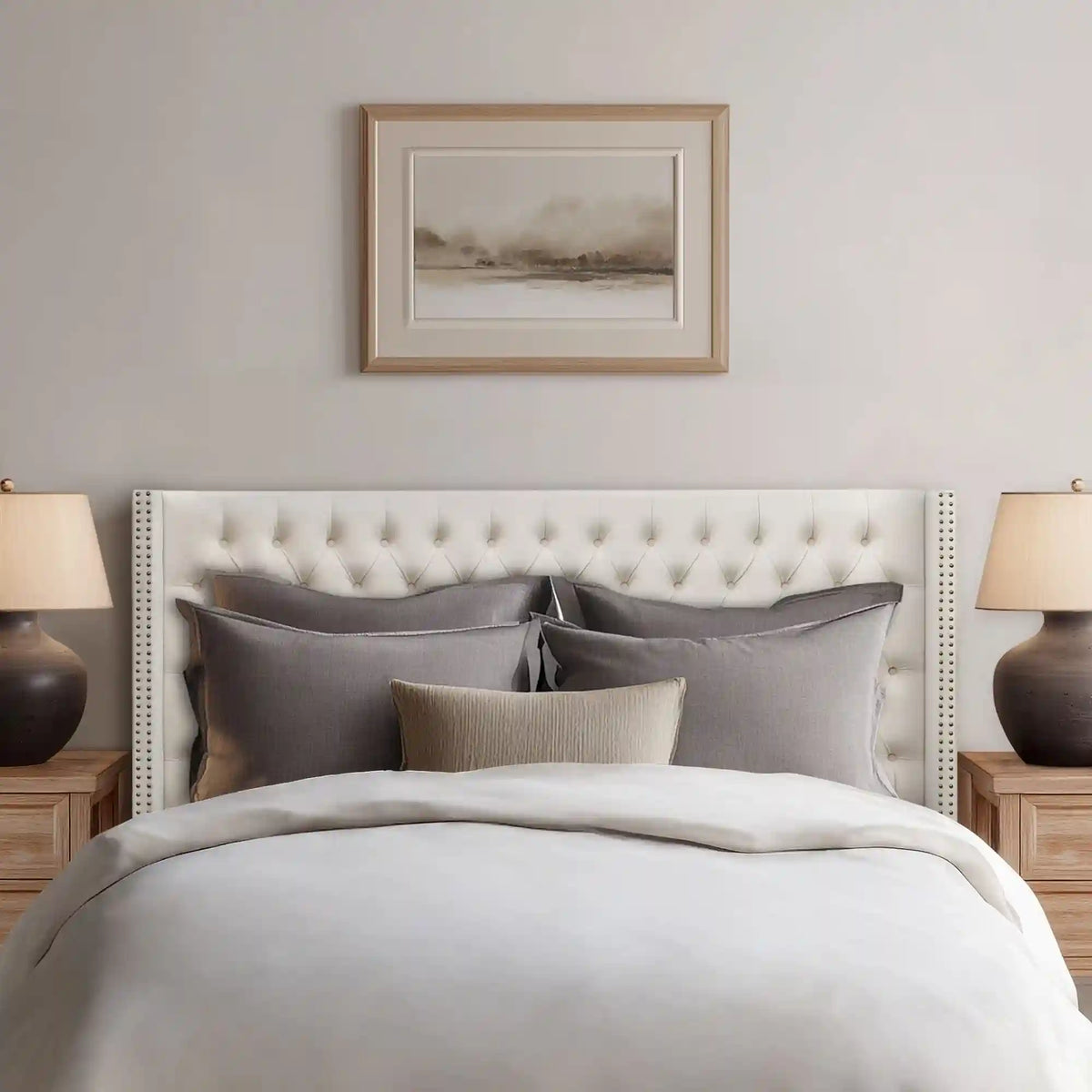 Amelia Upholstered Wingback Headboard with Button Tufting & Nailhead Trim
