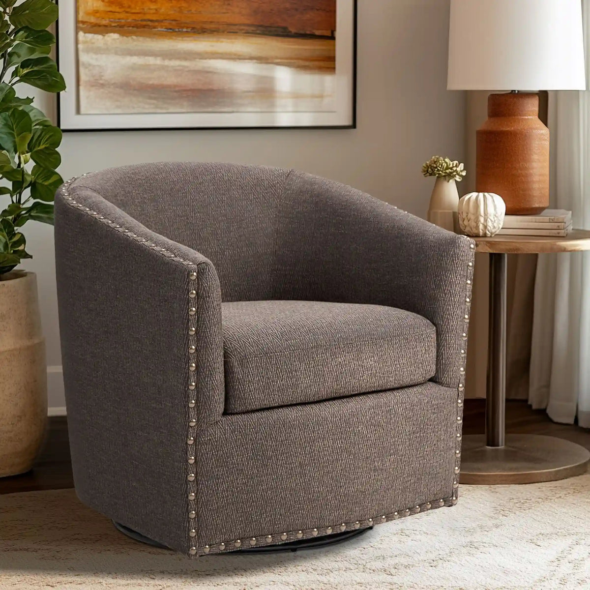 Tyler Upholstered Swivel Barrel Chair with Nailheads